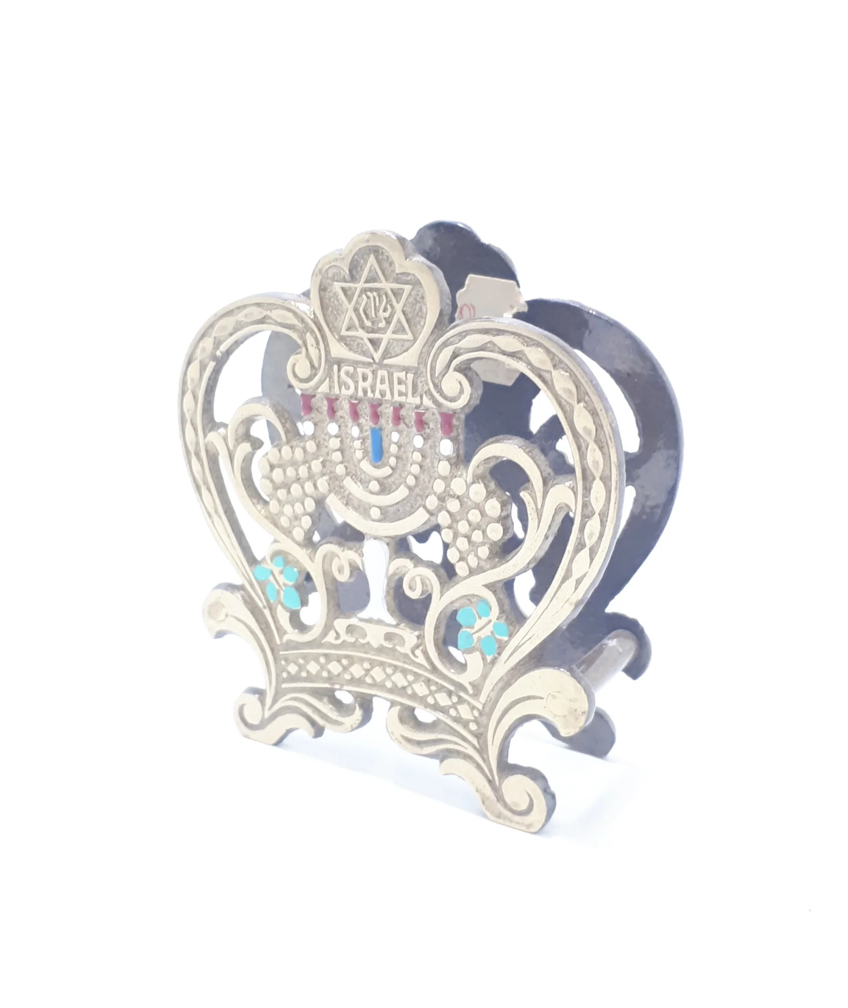 Vintage Brass & Enamelled Israel Serviette Stand / Letter Holder – Pierced Grape & Scroll - Image 2