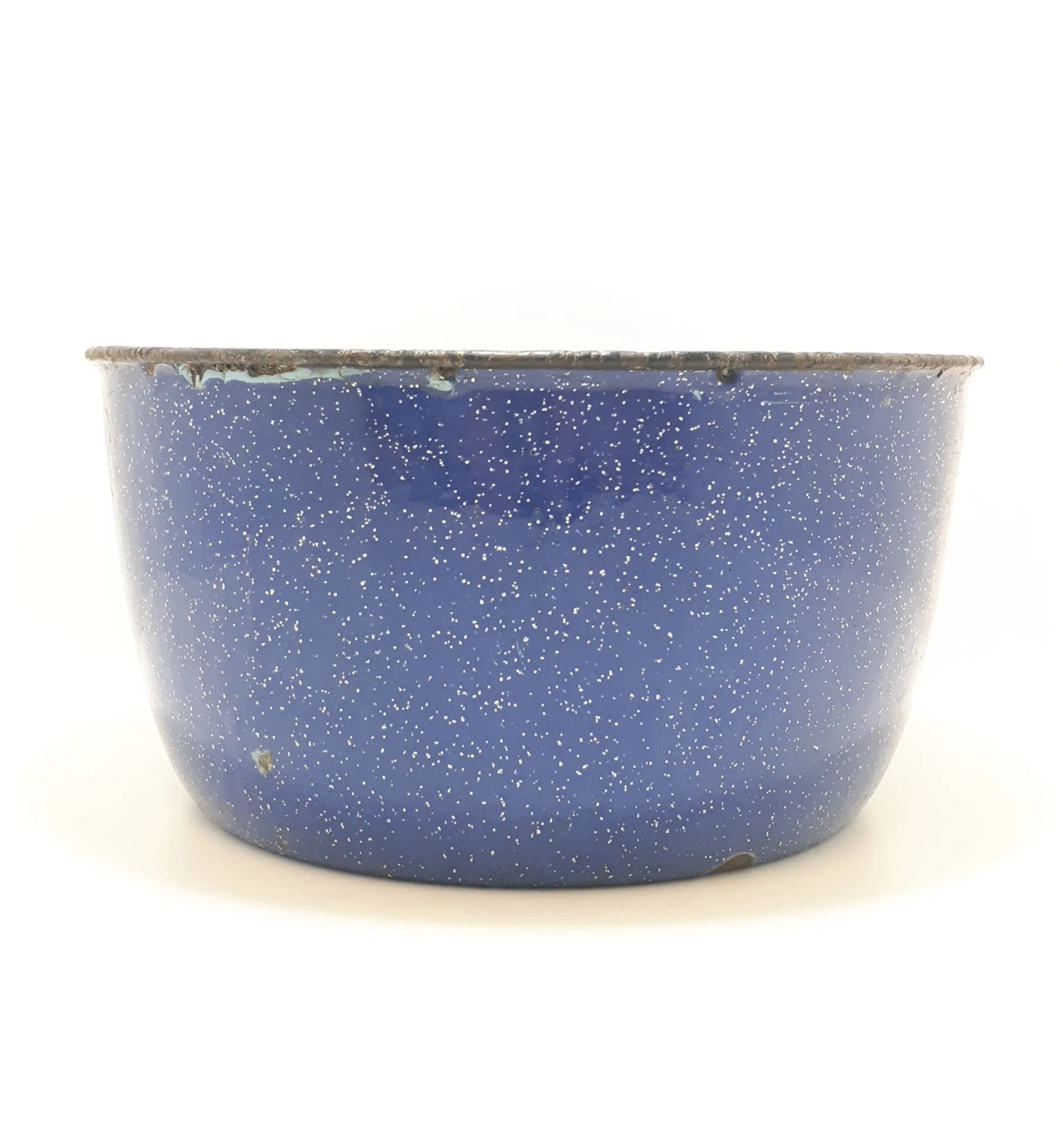Vintage Cobalt Blue Enamel Bowl With White Speckles & Black Rim - Image 3