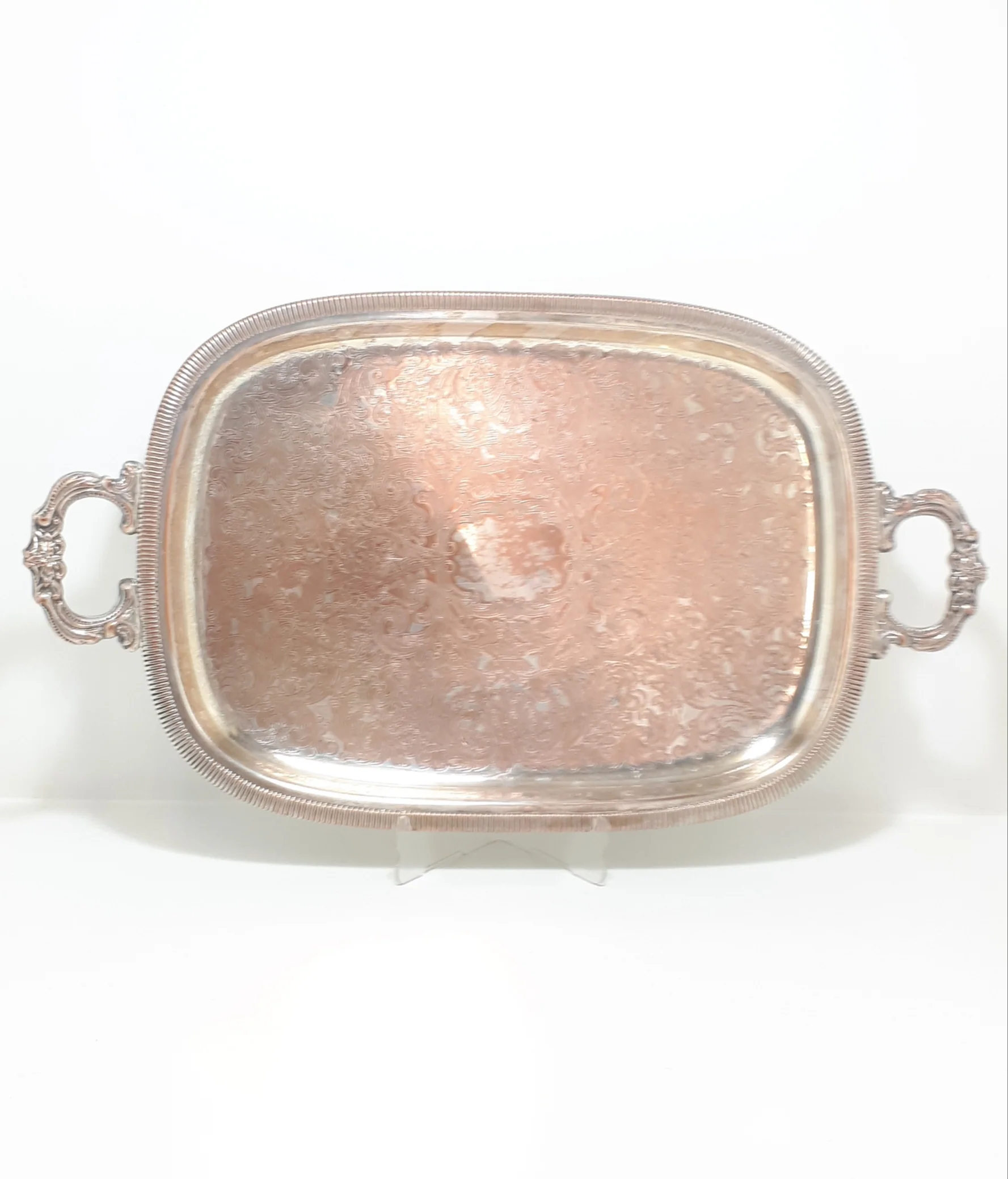 Vintage Mid-Century Silver Plated EmEss Serving Tray With Ornate Handles & Grand Baroque Etched Patterning