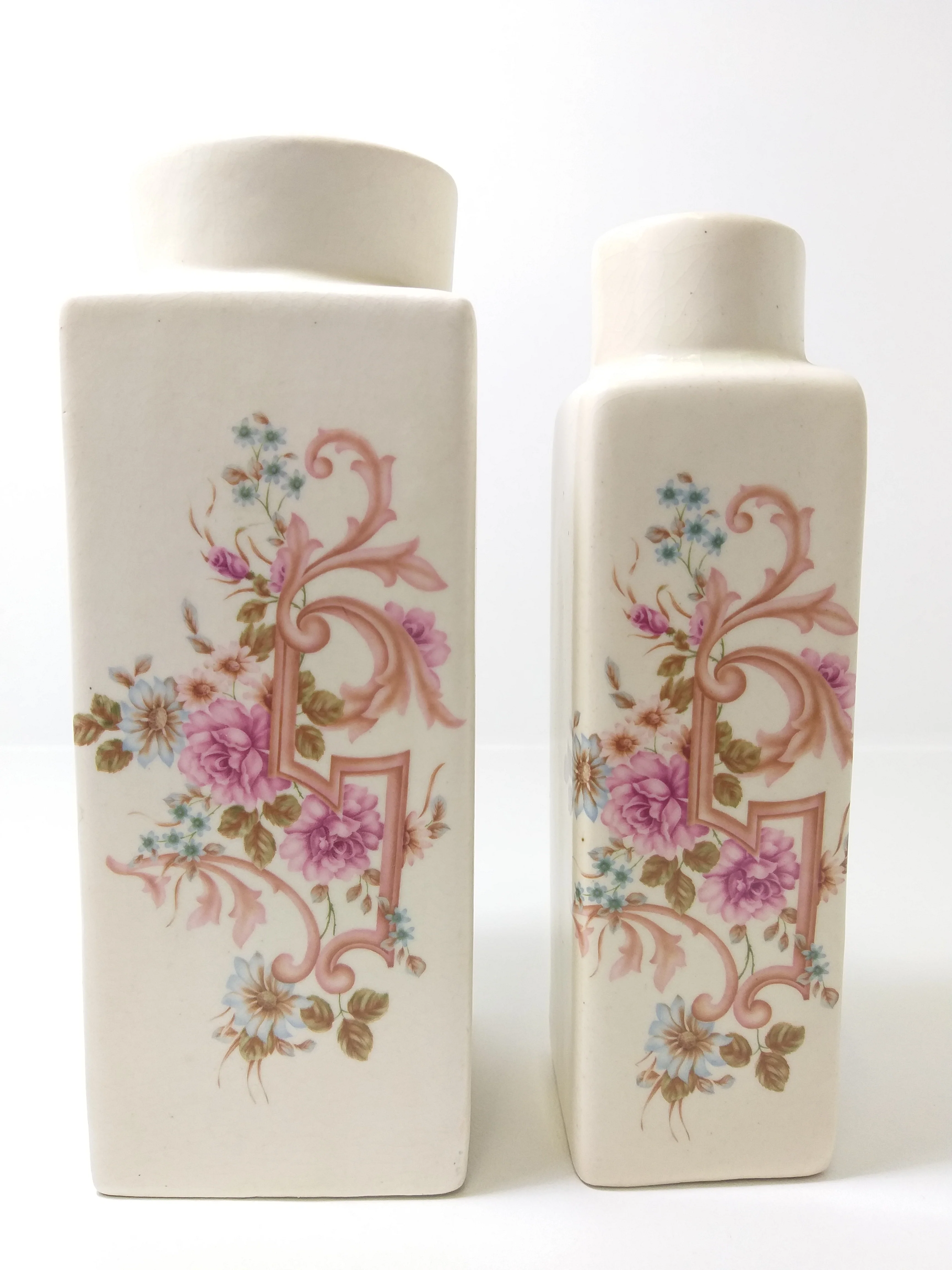 Vintage Set Of Graduating Ceramic Square Design Vases – Rococo Floral Patterning