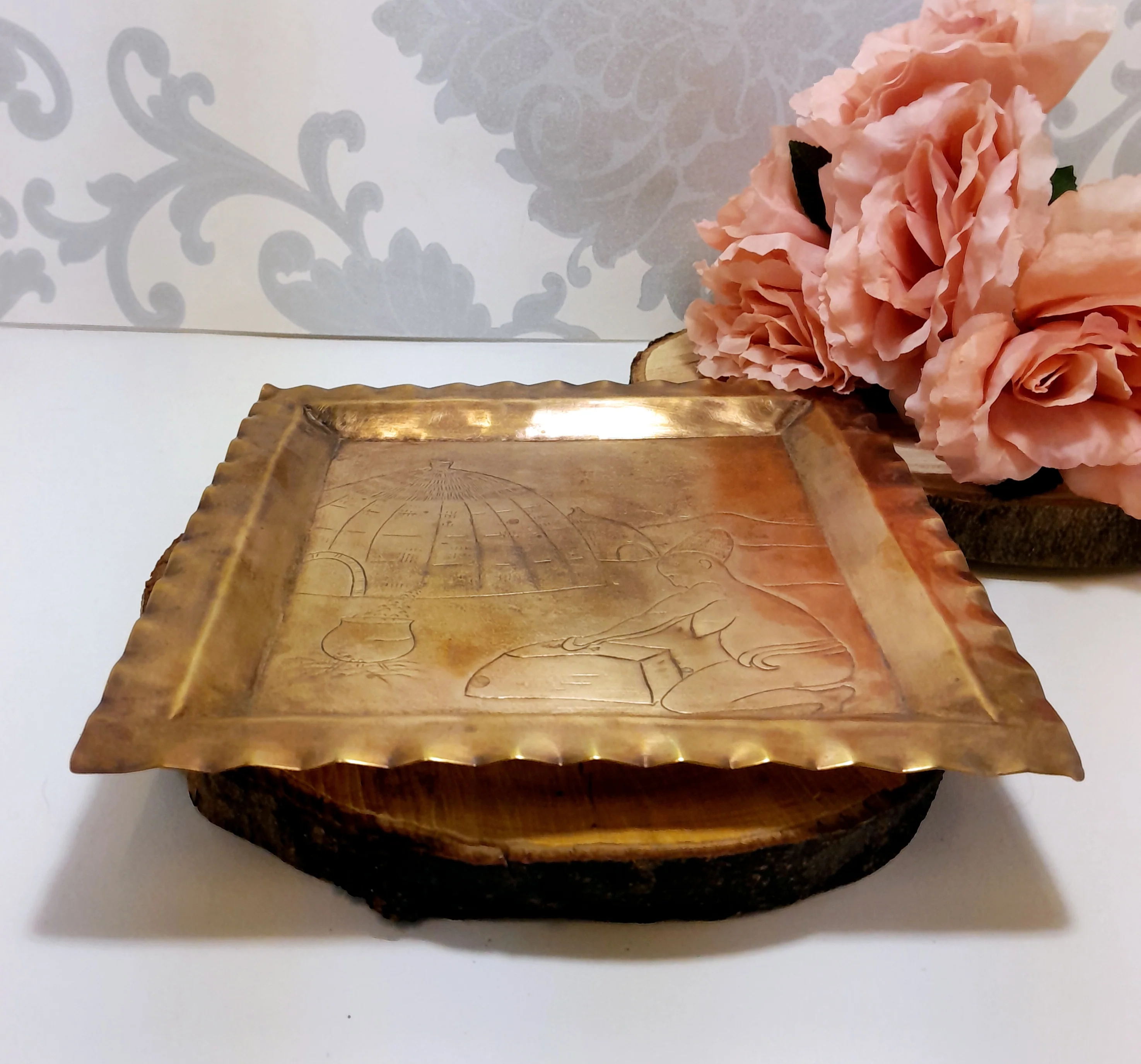 Vintage Square Handcrafted Brass Tray With African Etching - Image 4