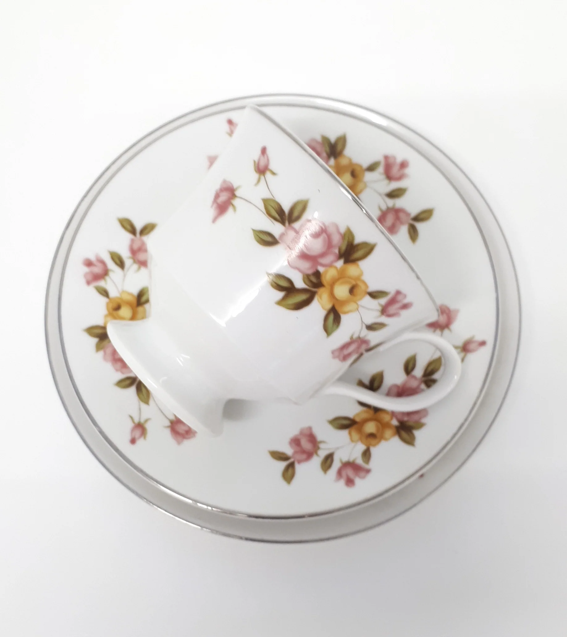 Vintage Town House Yellow & Pink Rose Tea Trio – Cup, Saucer & Tea Plate - Image 4